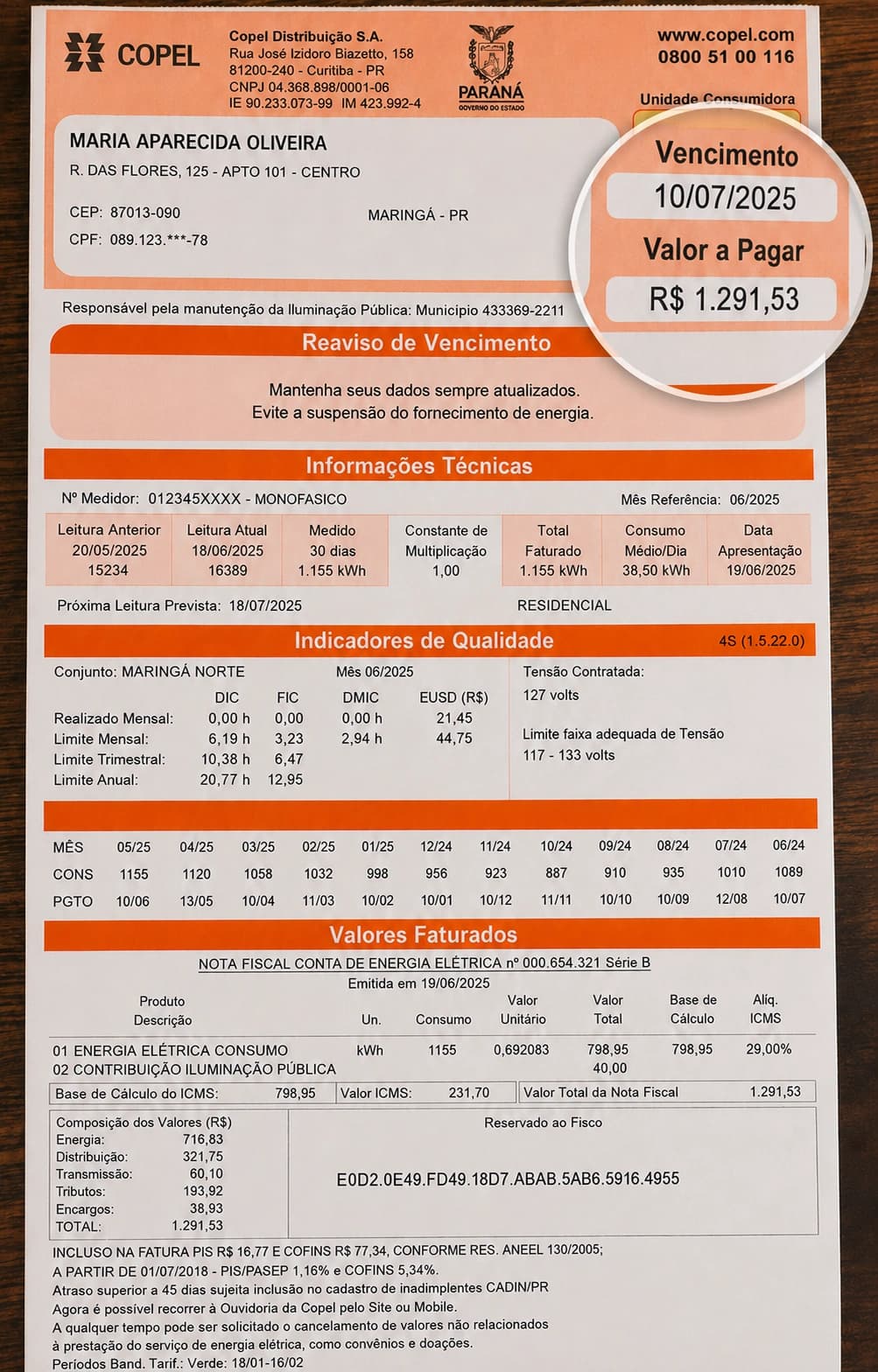 Conta de energia antes da limpeza das placas solares