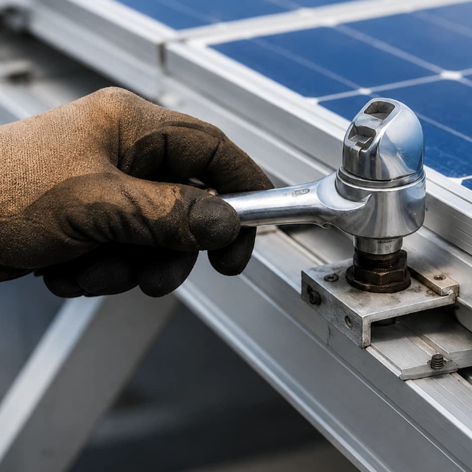 Equipe realizando manutenção em estrutura de placas solares