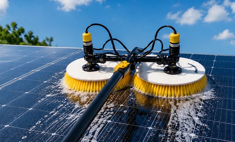 Equipamento profissional realizando a limpeza de painéis solares