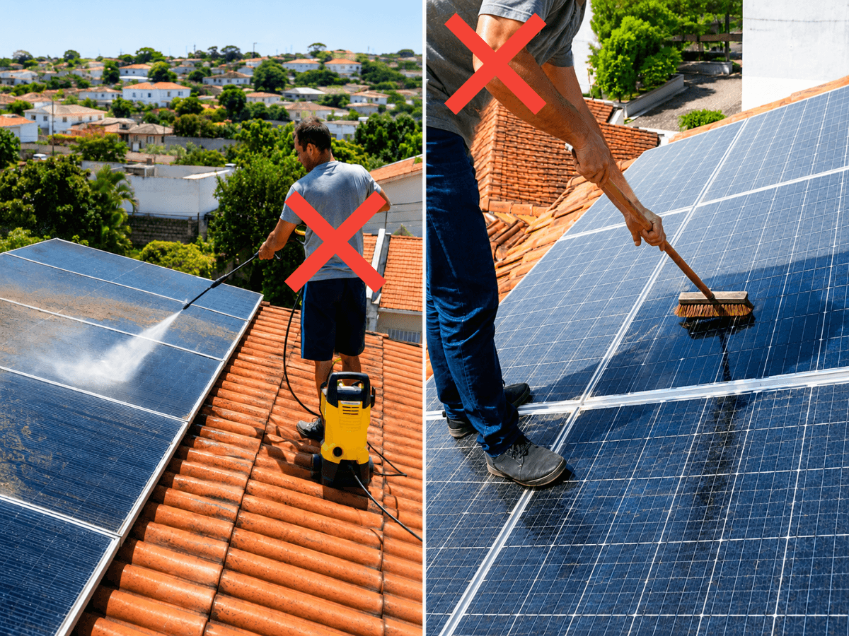 Limpeza incorreta de placas solares com jato de pressão e vassoura